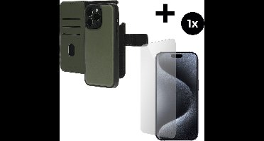 Mobiparts Leather 2 in 1 Wallet Case hoesje geschikt voor Apple iPhone 15 Pro Max met 1 Screenprotector van Gehard Glas - Groen