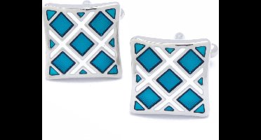 Manchetknopen - Turquoise Blauwe Ruitjes Vierkant