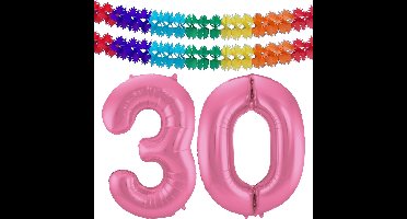 Folat Verjaardag Leeftijd folieballon - 30 jaar - roze - 86 cm - cijferballon groot - incl 2x feestslingers