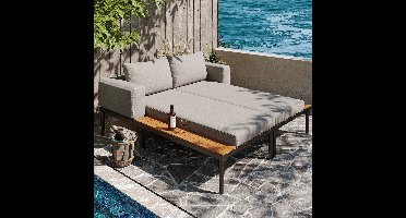 Outdoor Daybed – Dubbele Loungebed – Buiten Ligstoel – Multifunctioneel Sofa Bed – Tweepersoons Lounger – Waterbestendig Materiaal – Geïntegreerde Opbergplanken – Grijs