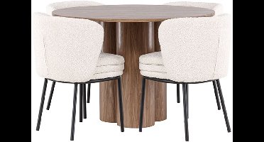 Olivia eethoek tafel Ø110cm en 4 bouclé stoelen bruin.