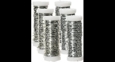Decoris Binddraad/wikkeldraad - 6x rolletjes - zilver - 30 m x 0,3 mm - hobbydraad/bloemendraad