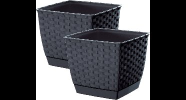 Prosperplast Plantenpot/bloempot - 2x - rotan kunststof - 25 x 22 cm - antraciet