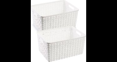 2x stuks rotan gevlochten opbergmand/opbergbox kunststof - Wit - 38 x 28 x 19 cm - Kast mandjes