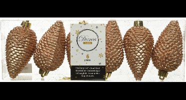 Decoris Kersthangers dennenappels - 6x st - camel bruin - glitter - 8 cm - kunststof - kerstversiering