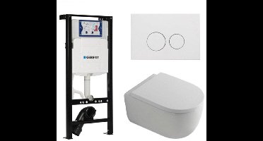 QeramiQ Dely Swirl Toiletset - 36.3x51.7cm - Inbouwreservoir met Geberit UP320 spoelmechanisme - 35mm zitting - mat witte metalen bedieningsplaat - ronde knoppen - wit glans