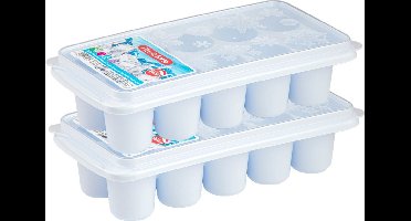 2x stuks Trays met dikke grote ronde blokken van 6.5 cm ijsblokjes/ijsklontjes vormpjes 10 vakjes kunststof wit met afsluit deksel