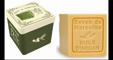 Metalen zeepblik vierkant met opdruk Savon de Marseille vert met zeepblok arganolie – Vintage voorraadblik – Franse handzeep – Marseille zeep Marseillezeep