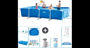 Intex Rechthoekig Frame Zwembad - 450 x 220 x 84 cm - Blauw - Inclusief Solarzeil - Onderhoudspakket - Zwembadfilterpomp - Filter - Grondzeil - Schoonmaakset - Ladder - Voetenbad