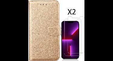 Hoesje Geschikt voor iPhone 14 Plus bookcase met 2 stuks screenprotector tempered glass – Goud