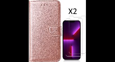 Hoesje Geschikt voor iPhone 14 Plus bookcase met 2 stuks screenprotector tempered glass – Rosegoud