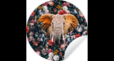 WallCircle - Muurstickers - Behangcirkel - Olifant - Bloemen - Kop - ⌀ 30 cm - Muurcirkel - Zelfklevend - Ronde Behangsticker