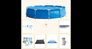 Intex Rond Frame Zwembad - 366 x 76 cm - Blauw - Inclusief Onderhoudspakket - Solar Mat - Grondzeil - Zwembadfilterpomp - Schoonmaakset - Afdekzeil - 7-delig