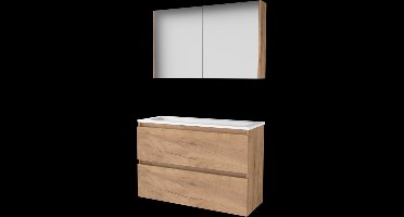 Basic Comfort 39 badmeubelset met spiegelkast, greeploze wastafelonderkast met 2 lades en acryl wastafel met 1 kraangat 100 x 39 cm, whisky oak