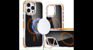 Magsafe Hoesje Geschikt voor iPhone 16 Pro Max hoesje Heavy Duty Carbon Case Oranje met Versterkte Zijkanten, MagSafe en Camera Kickstand