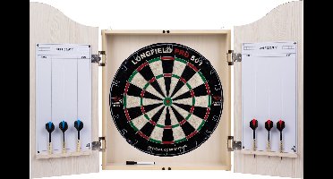 Longfield Darts -Houten cabinet met Dartbord, 6 Steeltip pijlen, Whiteboard + Marker - Kleur Licht Eiken - Hout Fineer - Met Wedstrijdbord - Dartset - Direct klaar voor gebruik - Beschermt muur en Dartbord