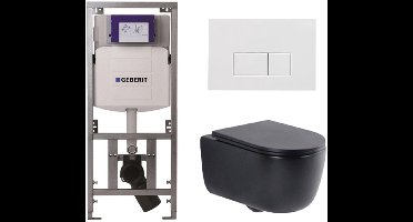 QeramiQ Dely Swirl Toiletset - 36.3x51.7cm - Geberit UP320 inbouwreservoir - met Burda frame - slimzitting - glans witte bedieningsplaat - rechthoekige knoppen - mat zwart