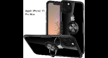 Hoesje Geschikt voor iPhone 11 Pro Max Luxe Back Hoesje Metale Ring houder - Zwart