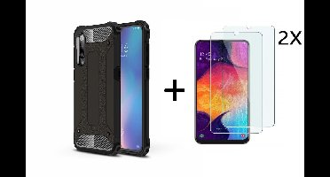 Ntech Hoesje Geschikt Voor Samsung Galaxy A50 Armor Hoesje Zwart + 2 stuks Tempered glass