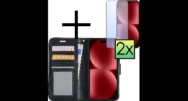 Hoesje - Met 2x Screenprotector - Geschikt voor Apple iPhone 15 - Luxe Pasjeshouder - Bookcase Portemonee - Flip Case - Kunstleer Book Case - Flipcase Hoes - Book Cover - Walletcase - Portemonneehoes - Zwart