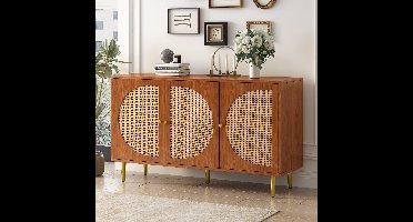 Dressoir met 3 rotan gedecoreerde deuren - ladekast - dressoir met metalen handgrepen - voor slaapkamers & woonkamers & kantoren - walnoot 129,8x 40x 76cm