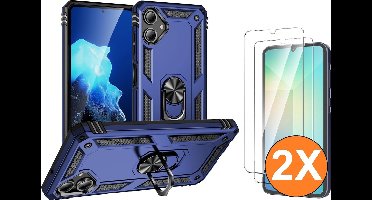 Hoesje Geschikt voor Samsung Galaxy A06 Hoesje Donker Blauw Anti-Shock Hybrid Armor hoesje Met Draaibare Ring Houder - Samsung A06 Screenprotector 2 pack