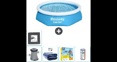 Bestway Rond Opblaasbaar Fast Set Zwembad - 244 x 61 cm - Blauw - Inclusief Pomp Solarzeil - Onderhoudspakket - Filter - Vloertegels