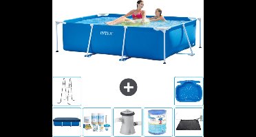 Intex Rechthoekig Frame Zwembad - 220 x 150 x 60 cm - Blauw - Inclusief Afdekzeil - Onderhoudspakket - Zwembadfilterpomp - Filter - Solar Mat - Ladder - Voetenbad