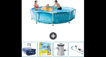 Intex Rond Frame Zwembad - 305 x 76 cm - Waterprint - Inclusief Solarzeil - Onderhoudspakket - Zwembadfilterpomp - Stofzuiger