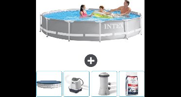Intex Rond Prism Frame Zwembad - 366 x 76 cm - Grijs - Inclusief Afdekzeil - Zoutwatersysteem - Zwembadfilterpomp - Zwembadzout