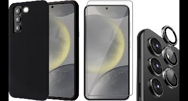 Hoesje geschikt voor Samsung Galaxy S24 - Screenprotector Glas & Camera Protector - Mat Back Case Zwart