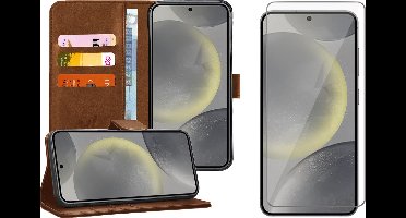 Hoesje geschikt voor Samsung Galaxy S24 - Screenprotector Glas - Portemonnee Book Case Bruin