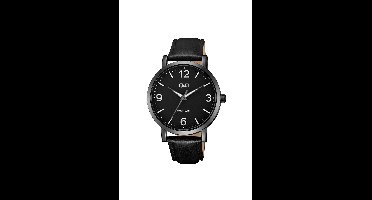 Q&Q Q10A-008PY - Horloge - Analoog - Heren - Mannen - Leren band - Rond - Metaal - Zwart