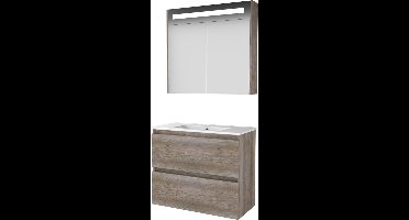 Basic Premium 39 badmeubelset met spiegelkast met geïntegreerde LED verlichting, greeploze wastafelonderkast met 2 lades en porseleinen wastafel met 1