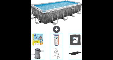 Bestway Rechthoekig Power Steel Zwembad - Rattanprint - 488 x 244 x 122 - Inclusief Pomp - Ladder - Afdekzeil Onderhoudspakket - Filter - Vloertegels