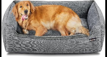 Hondenbed, hondenkussen in linnenlook, hondenmand, verhoogde randen, antislip onderkant, afneembare hoes, 110L x 75B x 27H centimeter, Machinewas, Zacht en Verwijderbare hoes