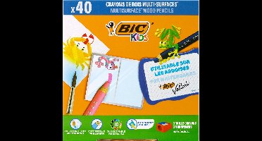 BIC Kids Multisurface Kleurpotloden met Driehoekige vorm - Uitwisbaar - 4 x 10 Kleuren - Classpack van 40 potloden + 2 Puntenslijpers