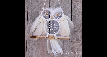 Dromenvanger - Uil - Wit - Met veren - Macrame