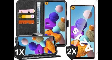 Hoesje geschikt voor Samsung Galaxy A21s - 2x Screen Protector GlassGuard - Book Case Kunstleer Pasjeshouder Zwart & Screenprotector
