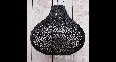 Rieten-Hanglamp-Groot-Bol-Dia50cm-Zwart-Met lampenpendel