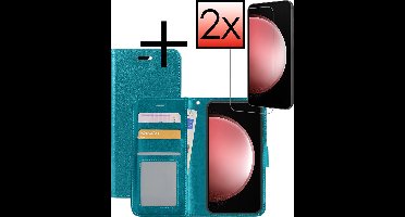 Hoesje - Met 2x Screenprotector - Geschikt voor Samsung Galaxy S23 FE - Luxe Pasjeshouder - Bookcase Portemonee - Flip Case - Kunstleer Book Case - Flipcase Hoes - Book Cover - Walletcase - Portemonneehoes - Turquoise