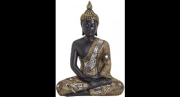 G. Wurm Boeddha beeld - zwart/goud - 27 cm - polystone - tuinbeeld - interieur beelden - Spiritueel decoratiebeeld