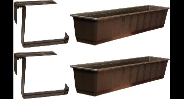 Set van 4 kunststof plantenbakken bruin rechthoekig 80 cm met 8 verstelbare railing beugels