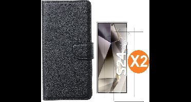 Hoesje geschikt voor Samsung Galaxy S24 Ultra 5G hoesje bookcase Zwart - Met screenprotector tempered glass Galaxy S24 Ultra - 2x