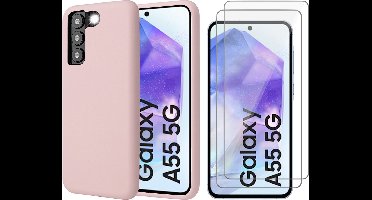 Hoesje geschikt voor Samsung Galaxy A55 - 2x Screenprotector Glas - Mat Back Case Roze