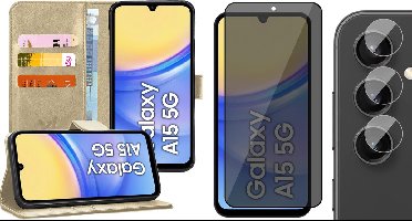 Hoesje geschikt voor Samsung Galaxy A15 - Privacy Screenprotector Volledig Dekkend Glas & Camera - Portemonnee Book Case Goud