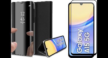 Hoesje geschikt voor Samsung Galaxy A15 - Screenprotector Volledig Dekkend Glas - Spiegel Book Case Zwart