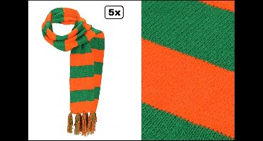 5x Sjaal gebreid oranje/groen 160cm x 21cm - Carnaval thema feest festival party fun kou winter