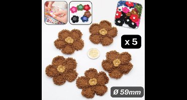 5 TRICOT BLOEMEN, met Hartje in een Andere Kleur, Diameter 6CM, om op te Naaien, Kleur BRUIN/BEIGE