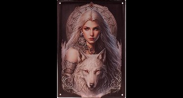 Metalen Wandbord 3D Relief - Dromerige Mystic Sneeuwelf/Fee met Witte Wolf Fantasy - Homedeco - 28x40,5cm